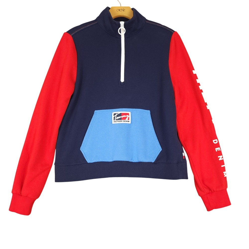 Tommy Hilfiger Denim Quarter Zip Sweatshirt Navy Red Blue Pocket Size‎ S